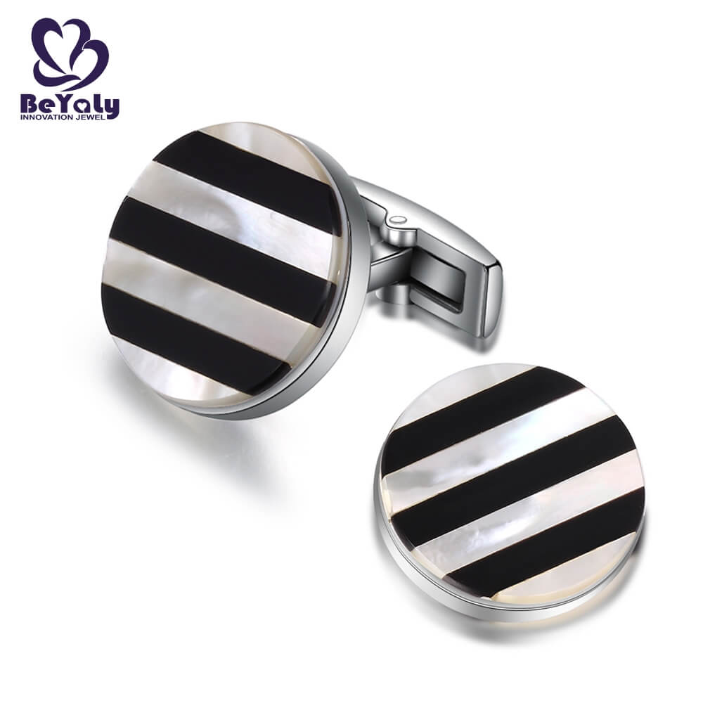 Round black and white stripe design cufflinks for men