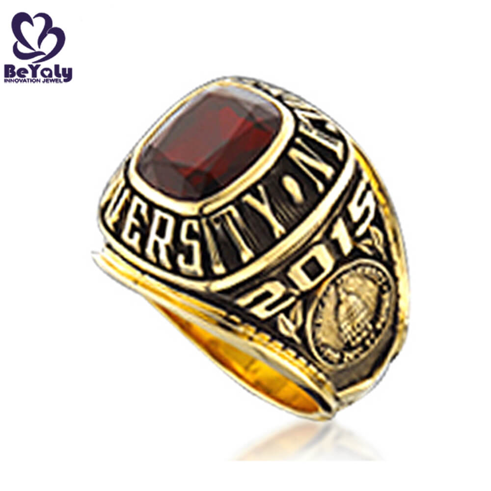 Gold plated university students red stone custom rings