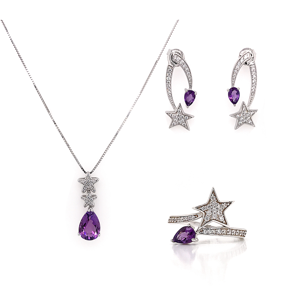 Fashion jewelry 925 sterling silver beautiful purple gemstone jewelry set star shape design jewellery sets