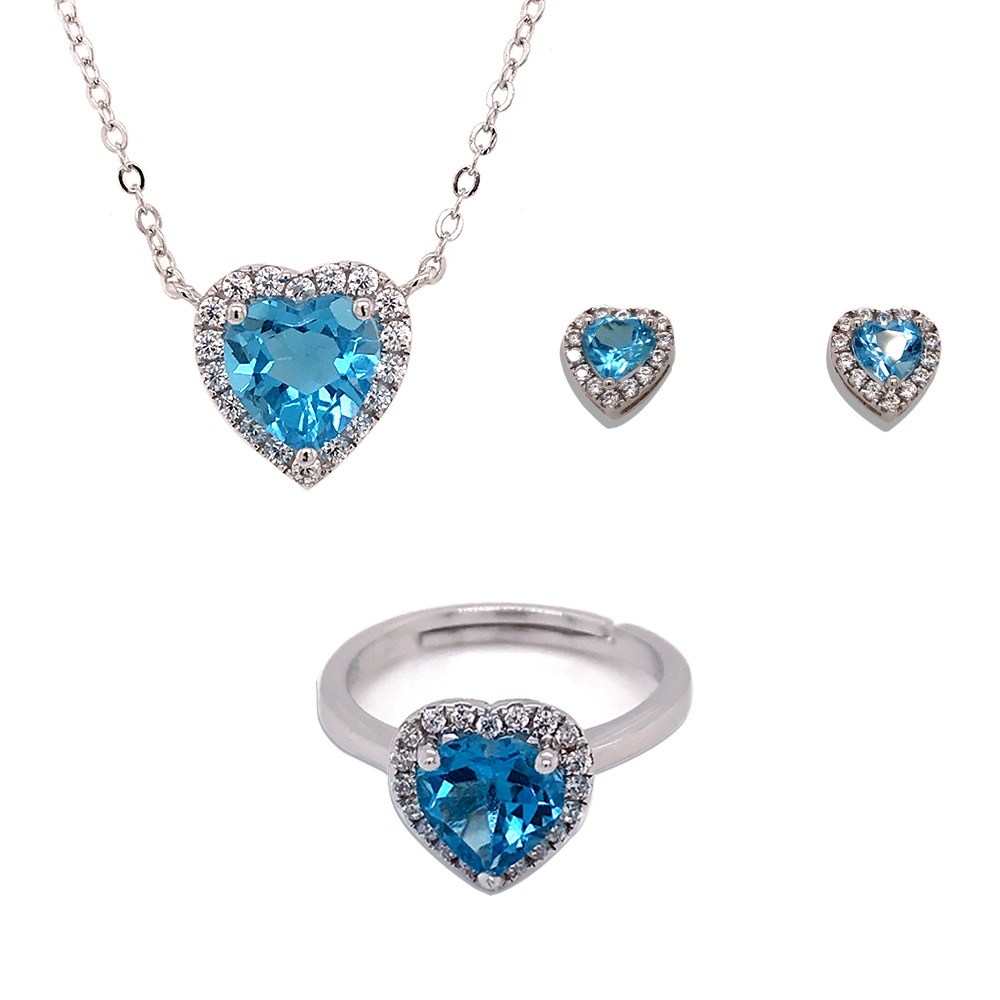 Blue gemstone heart shape jewelry design women silver jewelry set