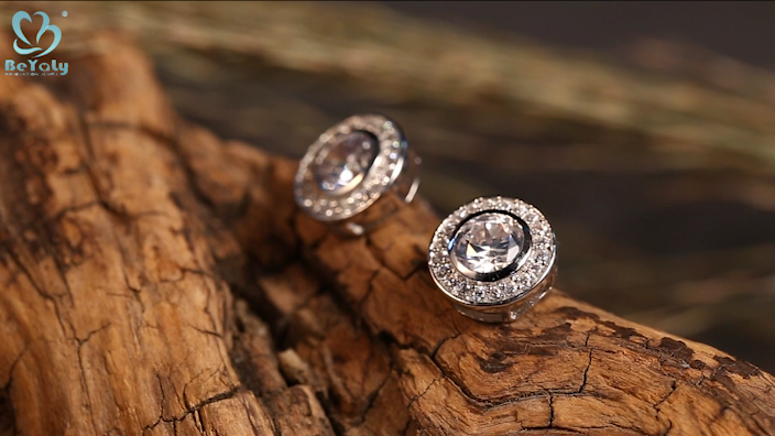925 silver pave setting clear artificial diamond disc round earrings