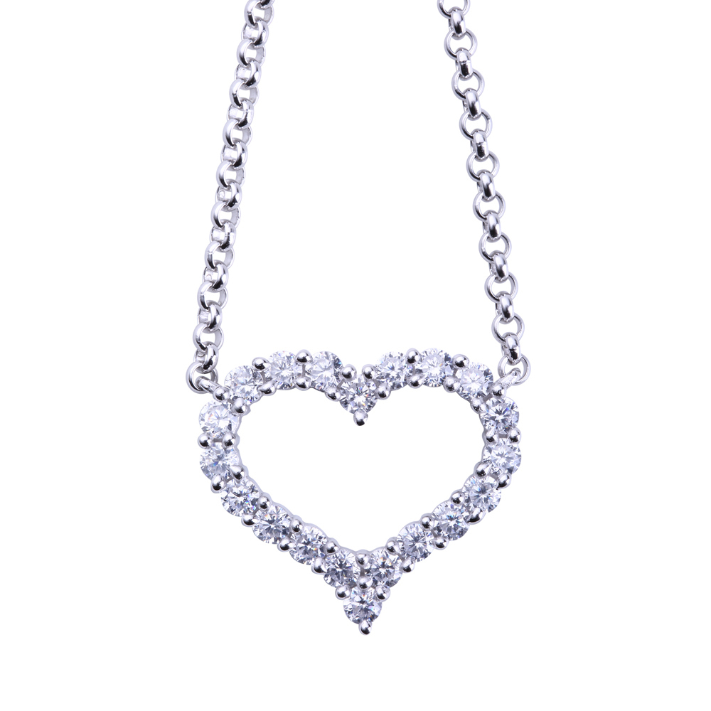 Hollow design stone heart shaped pendant silver chain necklace