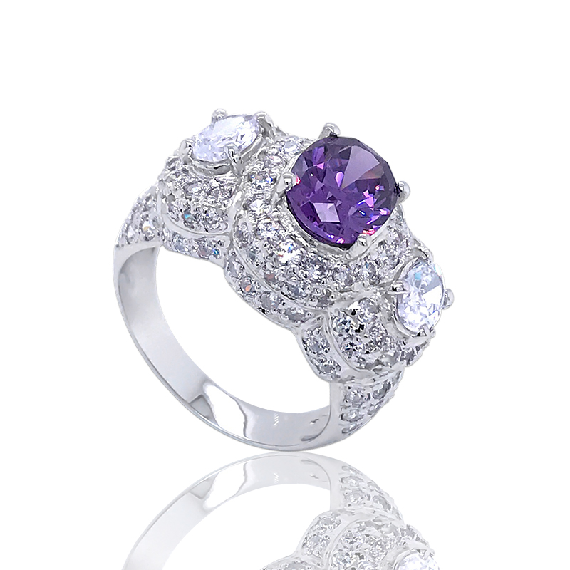 Rhodium plated purple zircon three stone engagement rings
