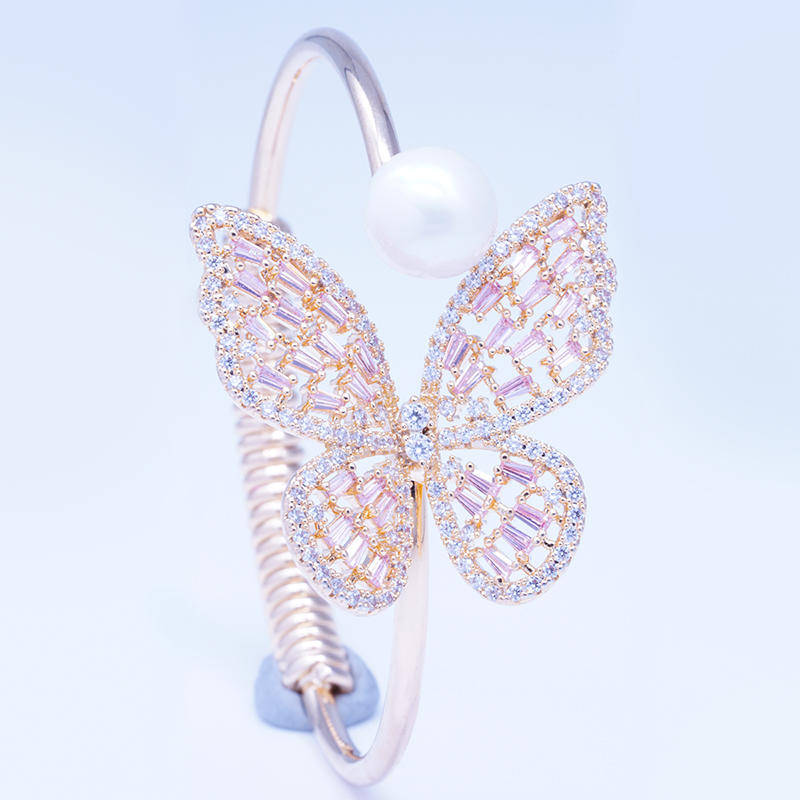Delicate CZ Crystal zircon stone Cuff Bangle Rose Gold Butterflies one freshwater pearl bangle bracelet