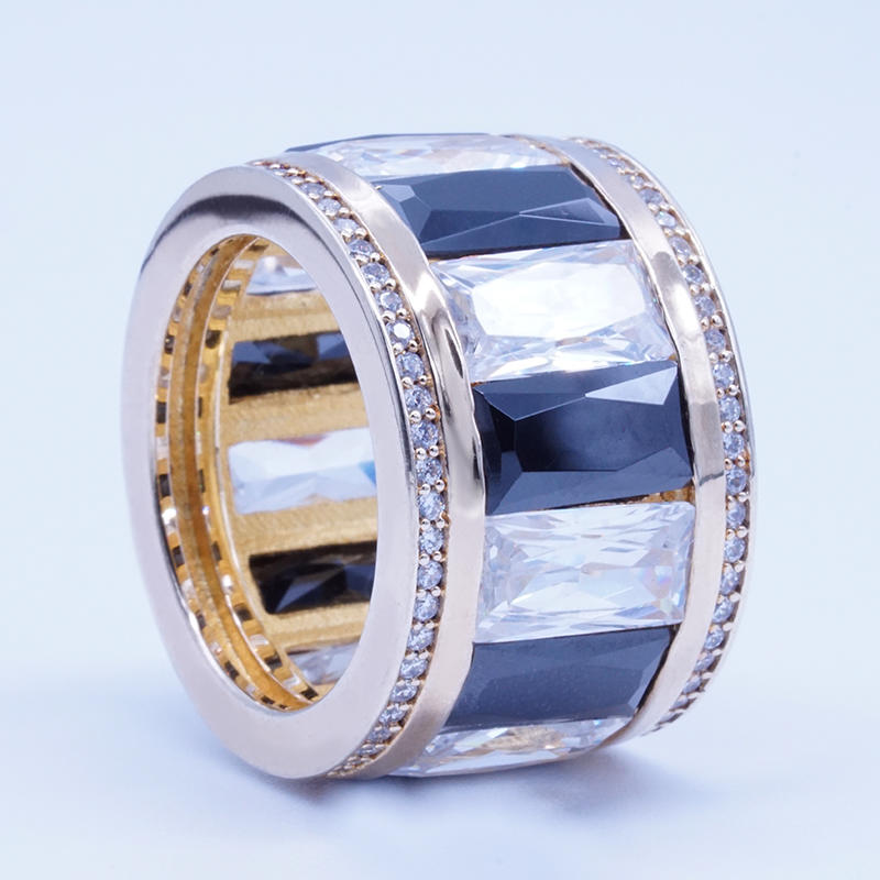 Unique design white and black channel setting cubic zirconia gold plated silver ring
