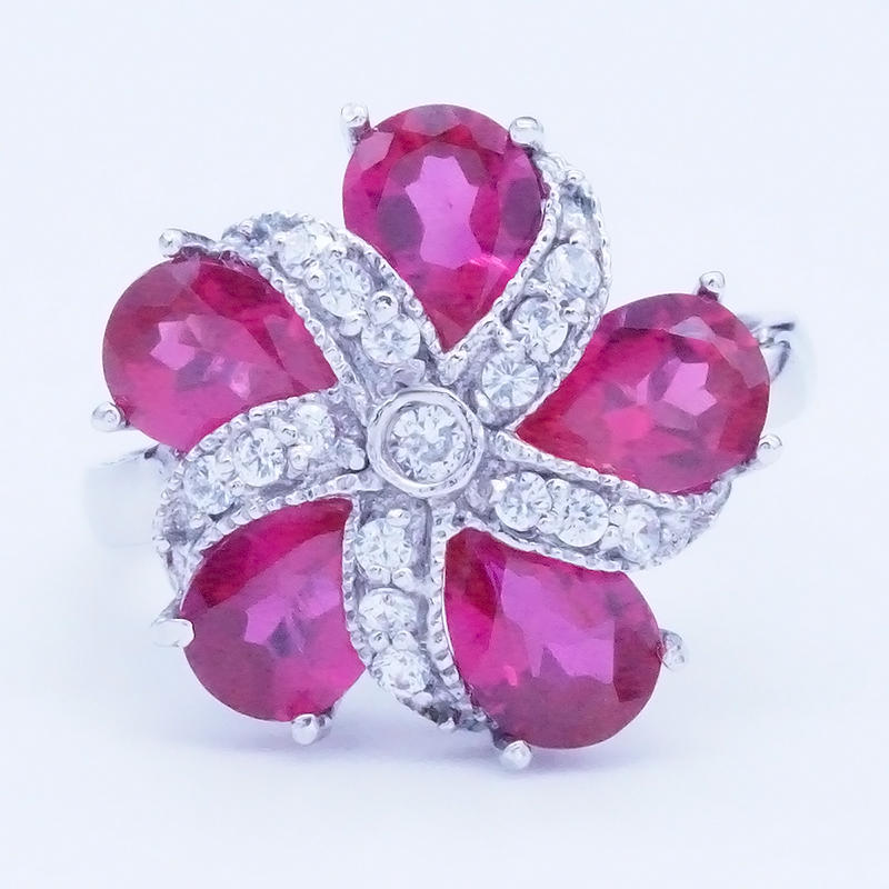 Red Zircon Petals Flower 925 Sterling Silver Stone Ring Jewelry