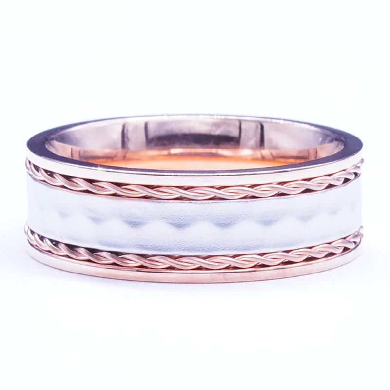 product-BEYALY-Rose gold plated stainless steel couple Eternity Rings with wire inlay,hammer texture-2