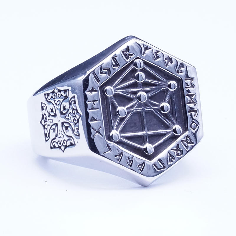 Hexagon Design Viking Secret Totem Ring Men's Charm Ring