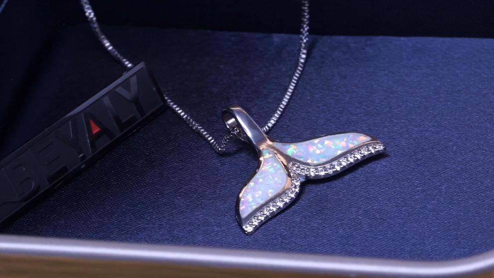 Ocean collection design white opal whale tail pendant necklace