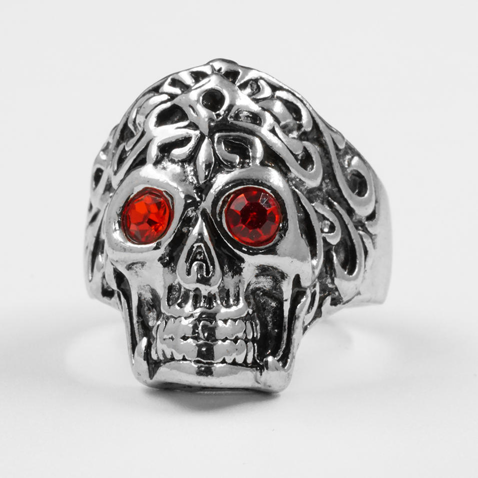 Punk Design Stainless Steel Red Zircon Skull Ring