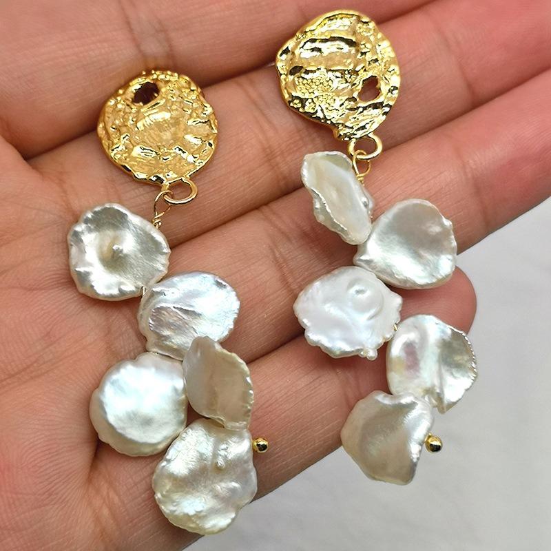 product-wholesale Irregular Gold Plated Stud Earrings Natural freshwater baroque pearl flower earrin-3