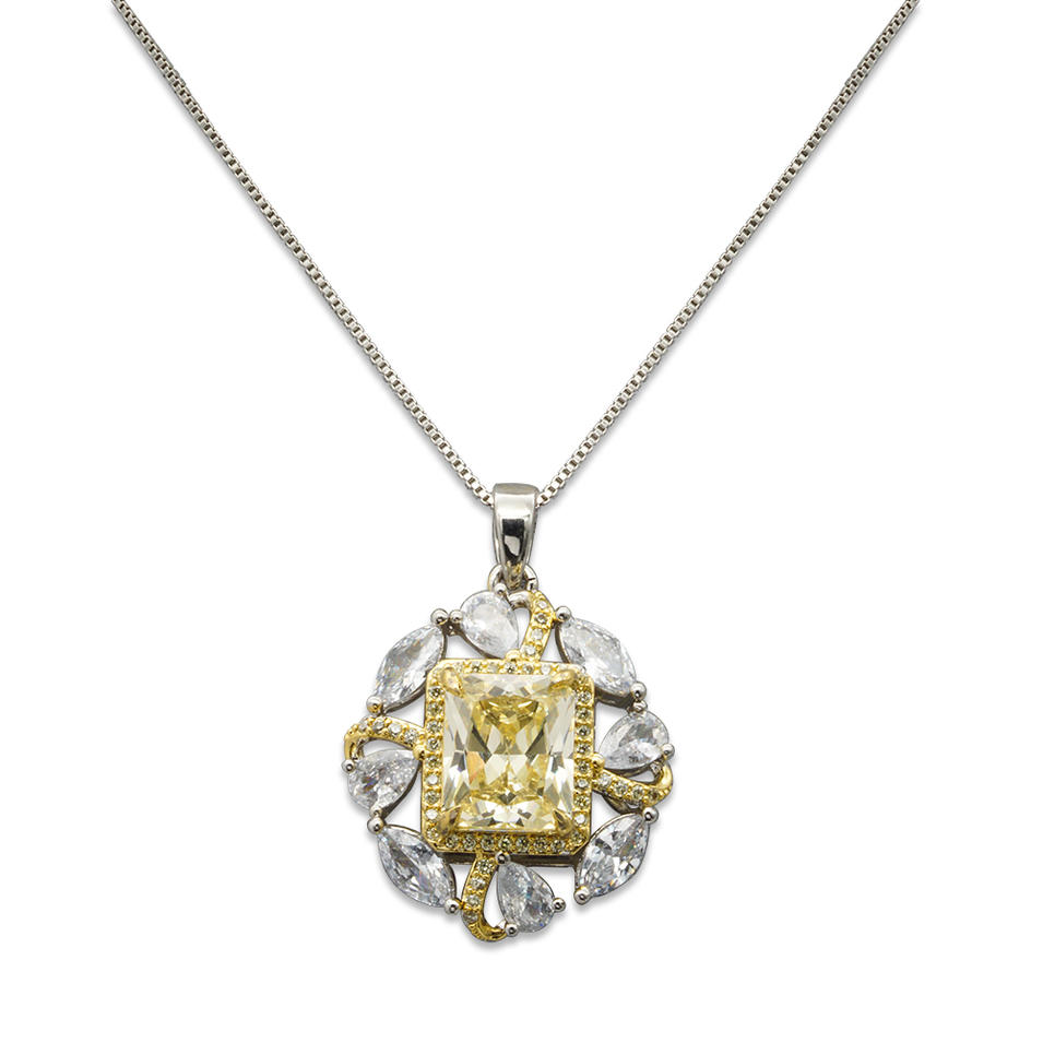 Trend design silver plated inlaid 5A zircon color treasure ladies yellow diamond shape pendant necklace